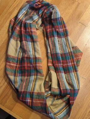 Plaid Infinity Scarf in Mustard, Teal & Red